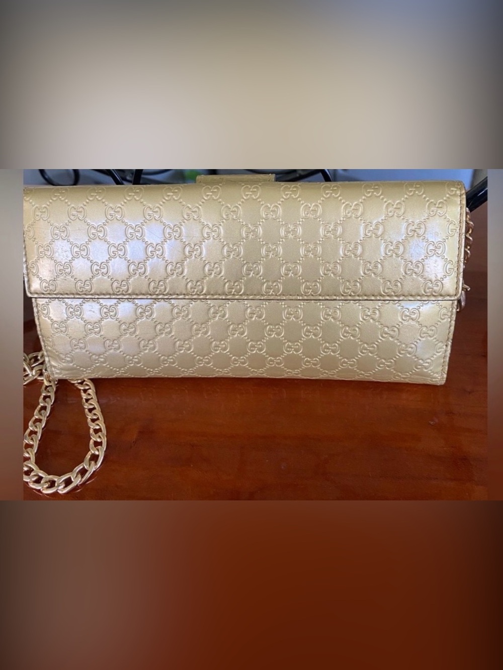 Auth GUCCI Gold Leather Wallet W/Chain, Heart Gg Yellow Leather Italy - Picture 7 of 12
